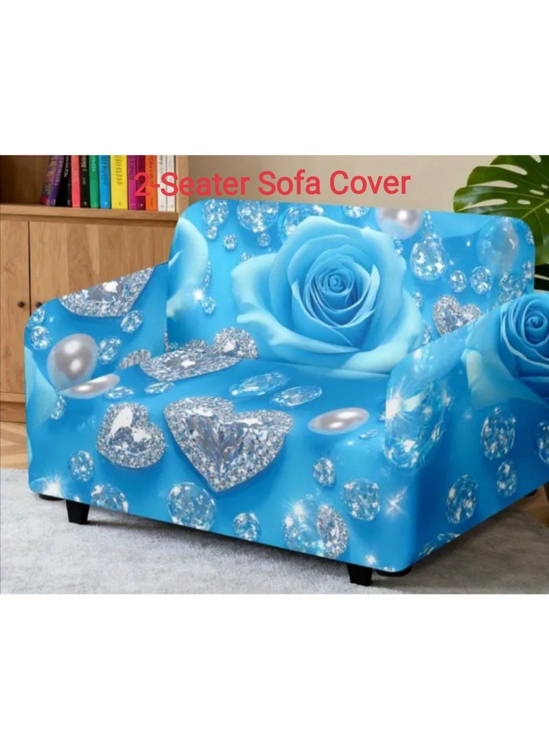 Light Luxury-style Sofa Cover Made From  Elastic Machine Washable Fabric Featuring Blue Colour Roses With Sparkling Hearts Held By Shoulder Straps To Prevent Movement - Image 3