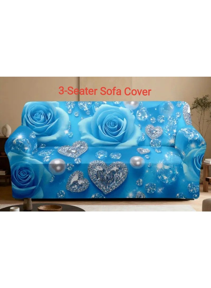 Light Luxury-style Sofa Cover Made From  Elastic Machine Washable Fabric Featuring Blue Colour Roses With Sparkling Hearts Held By Shoulder Straps To Prevent Movement - Image 2