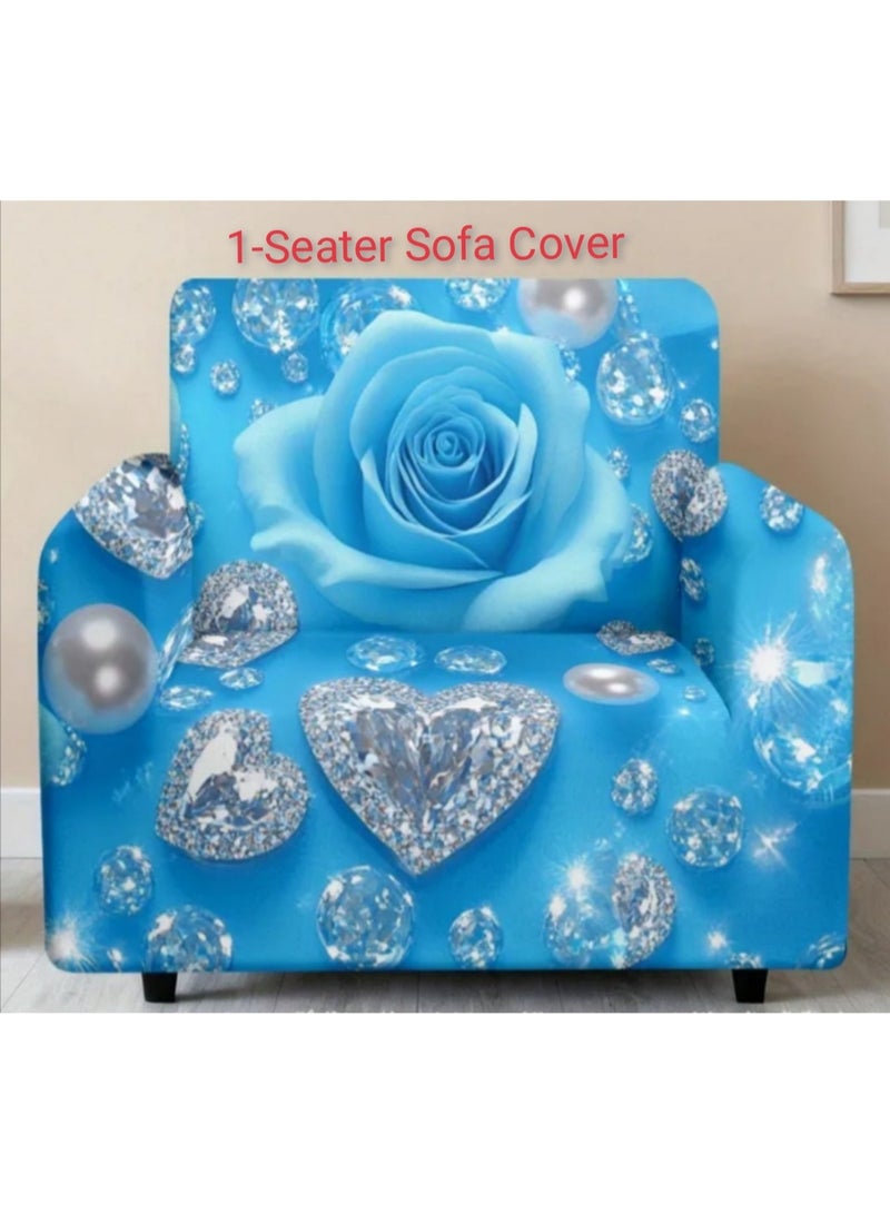 Light Luxury-style Sofa Cover Made From  Elastic Machine Washable Fabric Featuring Blue Colour Roses With Sparkling Hearts Held By Shoulder Straps To Prevent Movement - Image 4