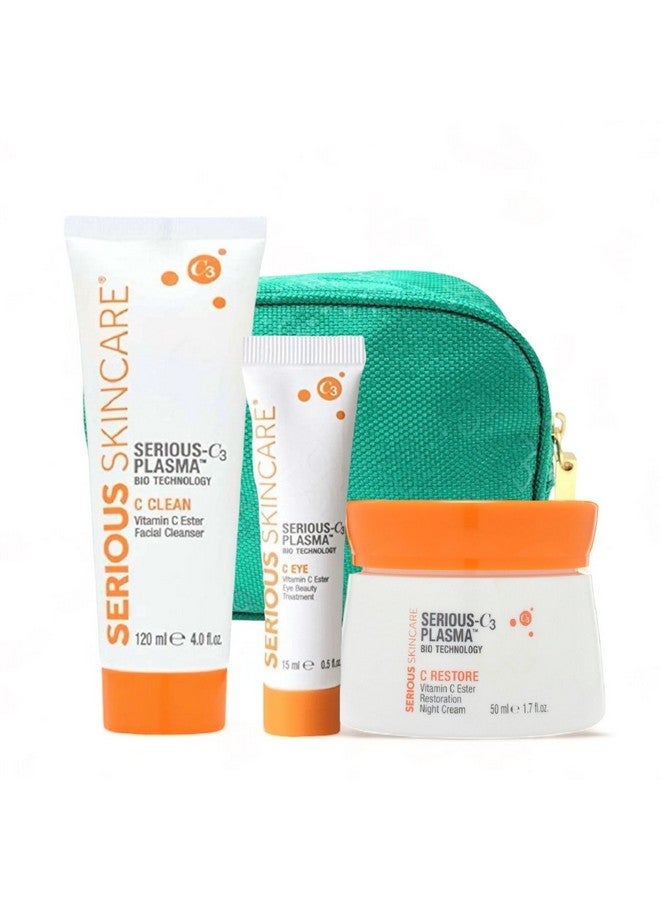 Serious Skincare Serious C3 Plasma Night Trio Crestore Night Cream C Eye Beauty Treatment With Vitamin C Ester And C Clean Facial Cleanser Makeup Bag Mature Dry Skin Smoother Skin - Image 1