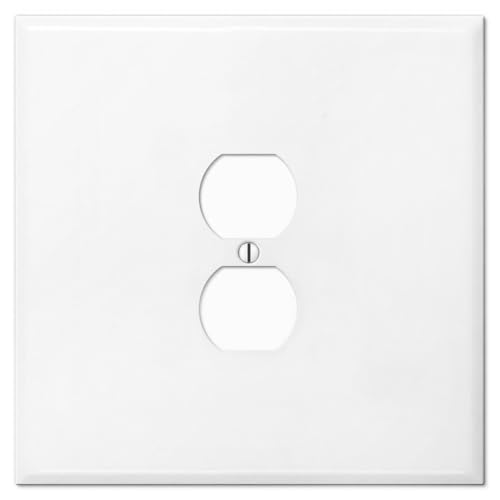 Art Plates OVERSIZED JUMBO Metal Outlet Cover, 2 Gang Electrical Outlet Cover Plate (for 1 Centered Device), Wall Plate Cover for Duplex Outlets, Steel Painted White - UL Listed, 5.5" x 5.5" - Made in USA - Image 1