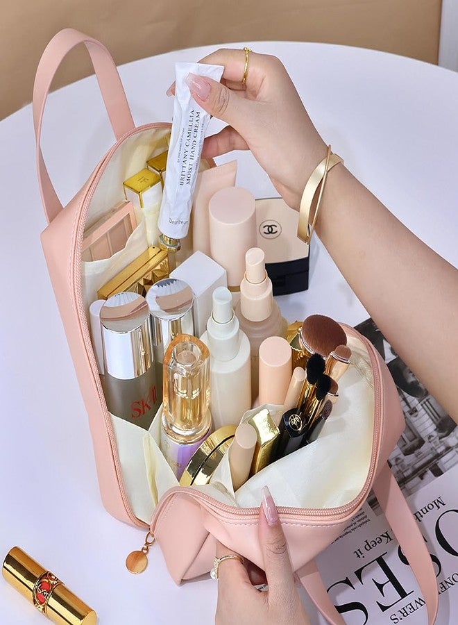 Soulagers Travel Makeup Bag,Travel Cosmetic Bags, Waterproof Cosmetic Bag, PU Leather Handheld Cosmetic Organizer with Top Handle (Pink) - Image 5
