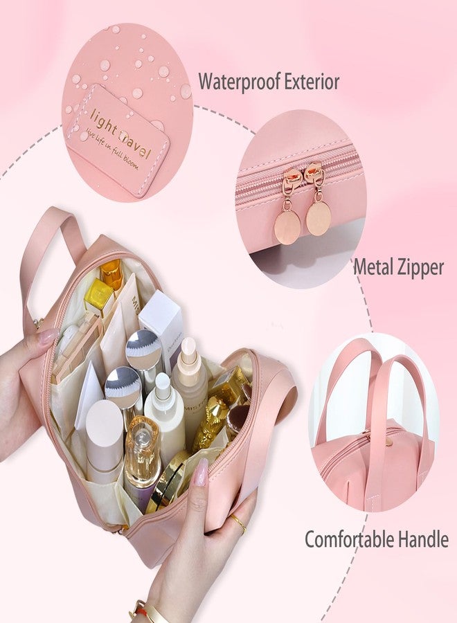 Soulagers Travel Makeup Bag,Travel Cosmetic Bags, Waterproof Cosmetic Bag, PU Leather Handheld Cosmetic Organizer with Top Handle (Pink) - Image 3