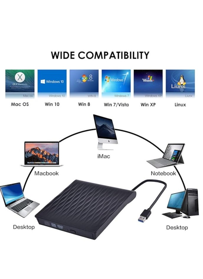 Generic - External DVD CD Drive, WTONG USB 3.0 Portable CD/DVD +/-RW Drive Slim DVD/CD ROM Rewriter Writer Reader Burner for Laptop Desktop PC Windows Linux OS Apple Mac - Black - Image 1