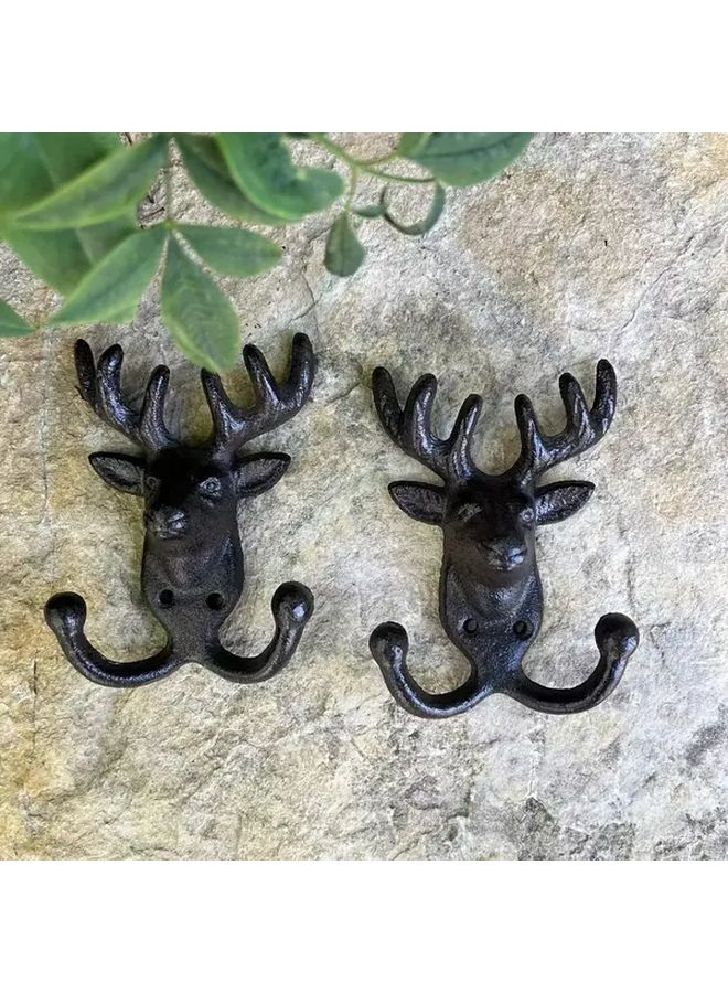 2 Pack Vintage Cast Iron Deer Antler Wall Hooks Rustic Heavy Duty Mounted Hangers - Image 1