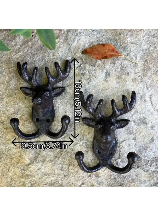 2 Pack Vintage Cast Iron Deer Antler Wall Hooks Rustic Heavy Duty Mounted Hangers - Image 3