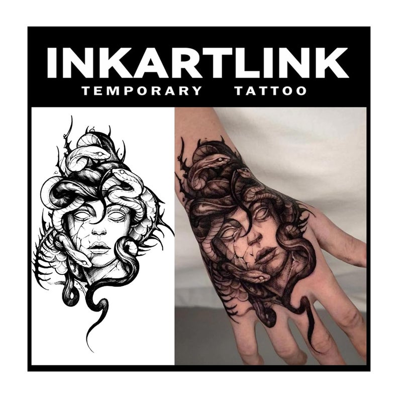 INKARTLINK Tattoo Tech 2 Sheets Extra Large Semi Permanent Tattoo Adult Art Design Temporary Tattoos Lasts 12 Weeks Waterproof Realistic Look No Adhesive No Reflection Medusa