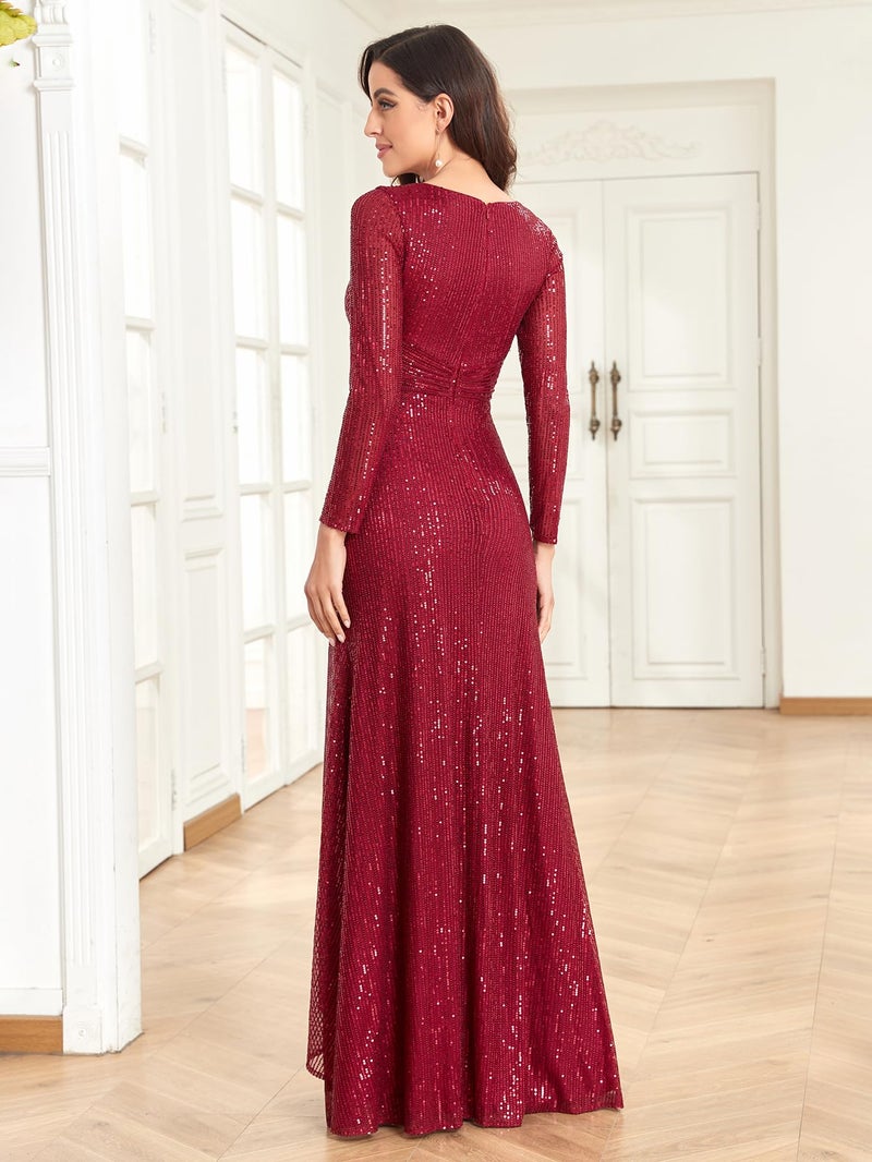 XUIBOL Glitter Sequin Formal Evening Gown Long Sleeve V Neck Wedding Guest Dress for Women Burgundy S - Image 2