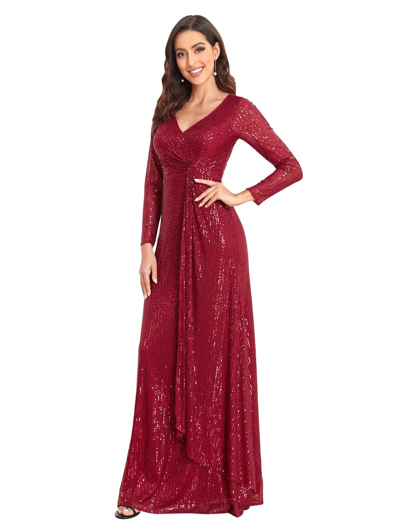 XUIBOL Glitter Sequin Formal Evening Gown Long Sleeve V Neck Wedding Guest Dress for Women Burgundy S - Image 1