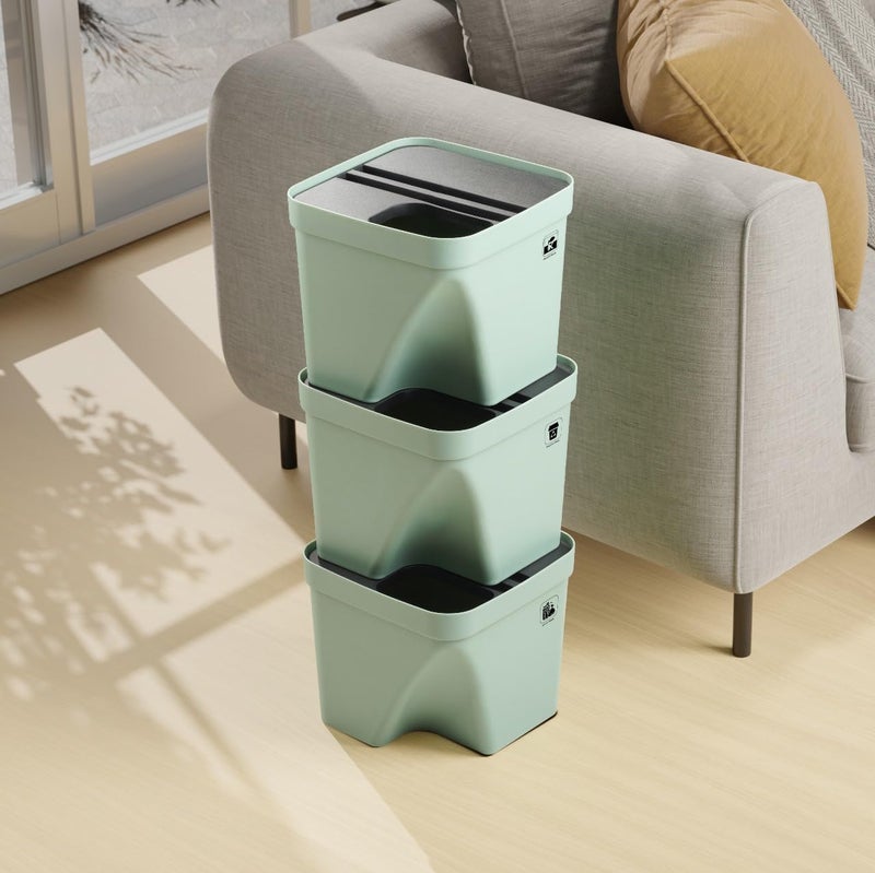 Episkey Wastebasket Waterproof Square Garbage Cans Suitable for Home Kitchen Bedroom Bathroom Dustbin Stackable Garbage Sorting Trash Can with Lid Green Pack of 3 - Image 1