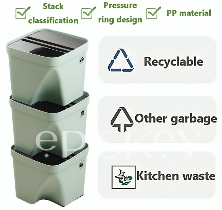 Episkey Wastebasket Waterproof Square Garbage Cans Suitable for Home Kitchen Bedroom Bathroom Dustbin Stackable Garbage Sorting Trash Can with Lid Green Pack of 3 - Image 4