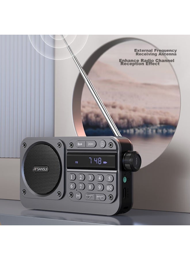 Sansui راديو M31 لكبار السن، قابل لإعادة الشحن، قابل لإدخال بطاقة، مكبر صوت صغير، محمول، ضبط FM، راديو بث، مكبر صوت بلوتوث، مشغل موسيقى، رمادي - Image 4