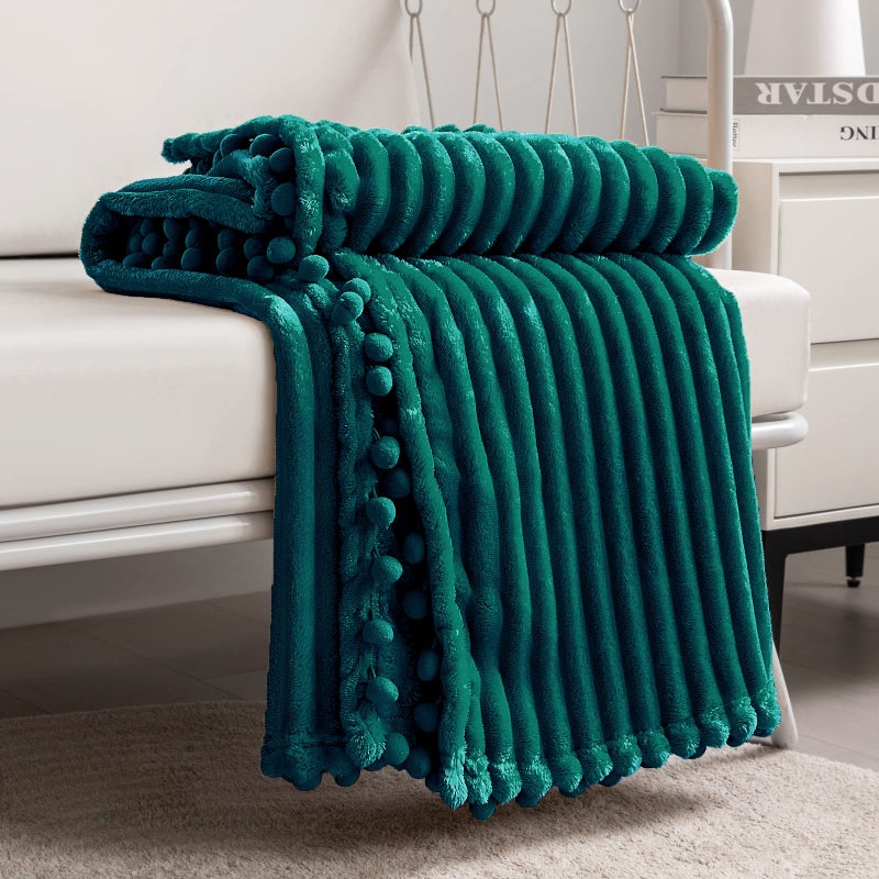 DISSA Fleece Blanket Throw Size  51x63 Green  Soft Plush Fluffy Fuzzy Warm Cozy  Perfect Throw for Couch Bed Sofa  with Pompom Fringe  Flannel Blanket Throw Blanket