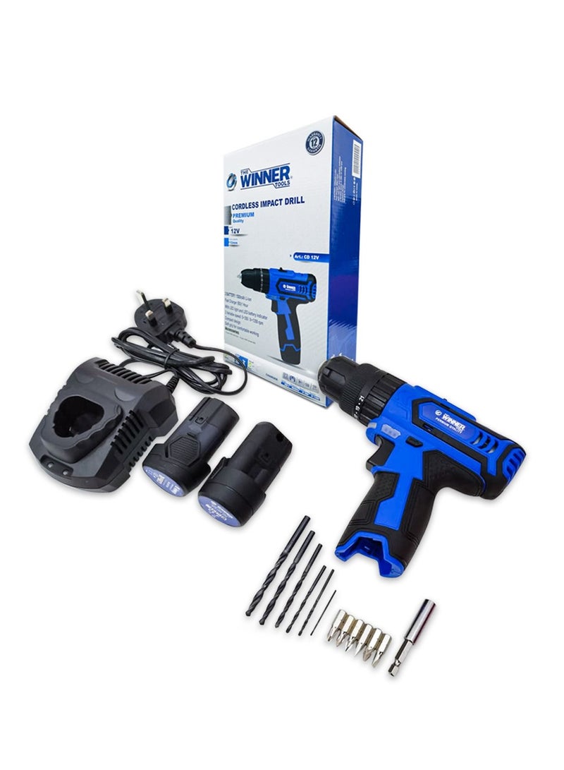 THE WINNER TOOLS 12 V Cordless Impact Drill Set with 2 Battery 1500mAh Li-ion Fast Charger BS 1 Hour with LED light and LED Battery indicator 2 Variable Speed 0-350 / 0-1350 rpm 10mm Chuck - Image 2
