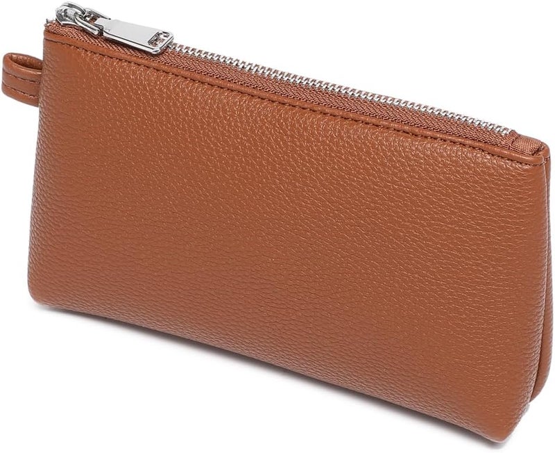 YONBEN 30 Color PU Faux Leather Travel Toiletry Bag for Women, Mini Cosmetic Pouch Organizer with 2 Dividers, Easy Clean Makeup Bag for Purse, Gift Idea, PU/Saddle Brown, 7.28" x 1.97" x 4.33 - Image 1