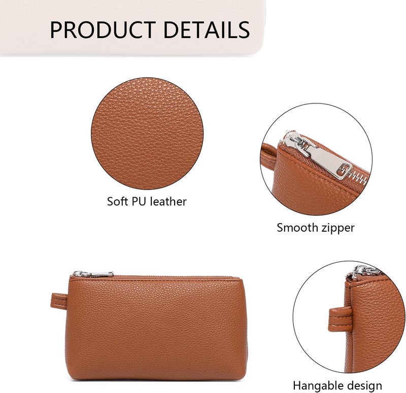 YONBEN 30 Color PU Faux Leather Travel Toiletry Bag for Women, Mini Cosmetic Pouch Organizer with 2 Dividers, Easy Clean Makeup Bag for Purse, Gift Idea, PU/Saddle Brown, 7.28" x 1.97" x 4.33 - Image 3