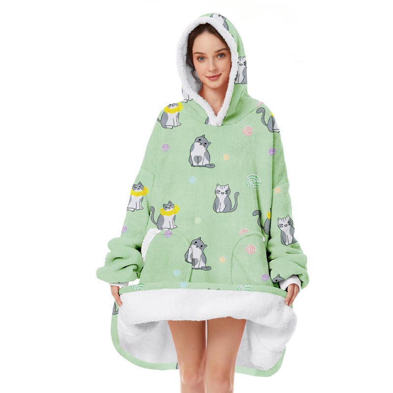 Zando Zando Cat Hoodie Green Oversized Wearable Blanket for Women Men - Warm Cozy Hooded Sherpa With Pocket - Thick Fleece Sweater Gift for Adult - Image 1