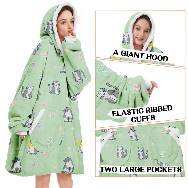 Zando Zando Cat Hoodie Green Oversized Wearable Blanket for Women Men - Warm Cozy Hooded Sherpa With Pocket - Thick Fleece Sweater Gift for Adult - Image 3