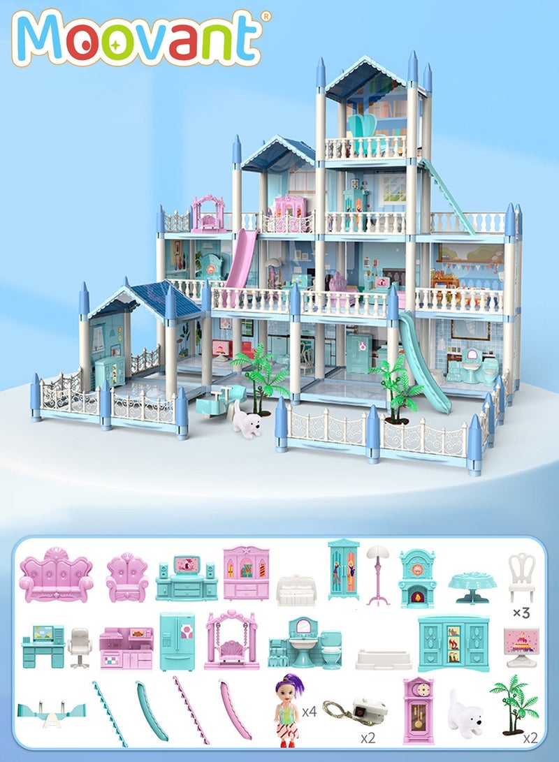 موفانت بيت دمى للأطفال مع شريط إضاءة و14 غرفة، بيت دمى DIY مع 4 دمى وإكسسوارات أثاث، ألعاب بيت دمى قلعة كبيرة الحجم للفتيات - Image 1