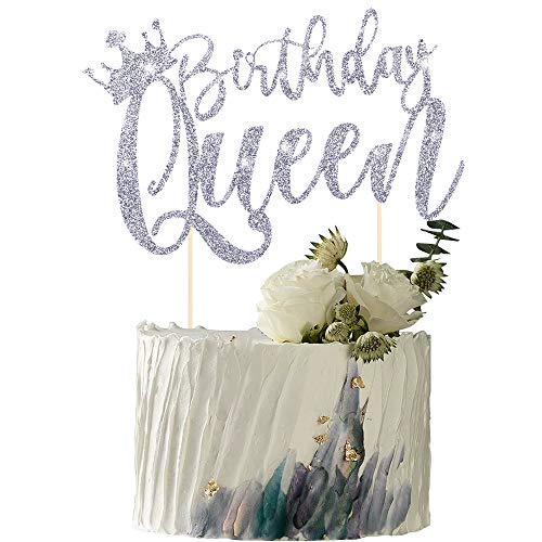 YUINYO Handmade Glitter Queen Birthday Cake Topper Happy Birthday Cake Bunting Decor Party Decoration Supplies Sliver - Image 1