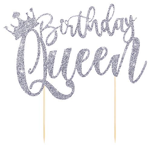 YUINYO Handmade Glitter Queen Birthday Cake Topper Happy Birthday Cake Bunting Decor Party Decoration Supplies Sliver - Image 5