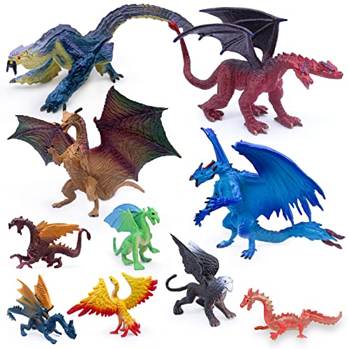 SIENON 10Pack 5 Inch and 3 Inch Dragon Toy Figures, Assorted Colors and Styles Mini Mythical Figurines for Kids Birthday Cake Decorations Christmas Halloween Dragon Theme Party Favors - Image 1