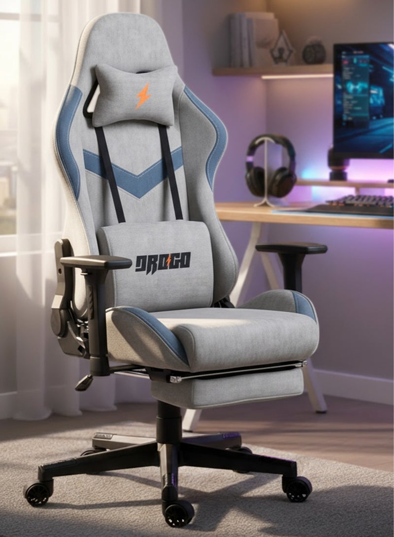 DROGO Ergonomic Gaming Chair with 7 Way adjustable Seat 3D Armrest Fabric Material Desk Chair Head USB Massager Lumbar Pillow Video Games Chair Home Office Chair with Full Recliner Back Footrest Grey - Image 1