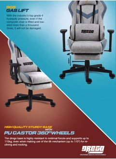 DROGO Ergonomic Gaming Chair with 7 Way adjustable Seat 3D Armrest Fabric Material Desk Chair Head USB Massager Lumbar Pillow Video Games Chair Home Office Chair with Full Recliner Back Footrest Grey  - Image 2