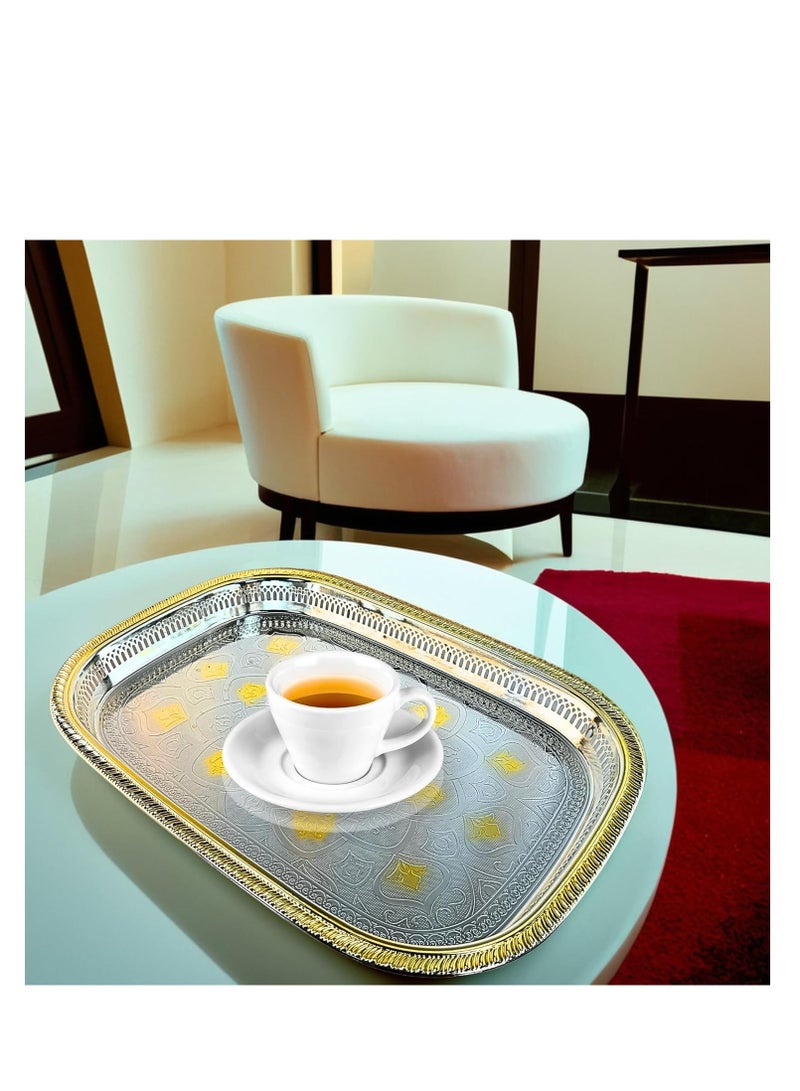 دبيلو تي- إيزي كير صينية تقديم مغربية محفورة باللونين الفضي/الذهبي - صينية مستطيلة من الفولاذ المقاوم للصدأ بلمسة نهائية عاكسة، متعددة الاستخدامات للبوفيه، وغرفة الطعام المنزلية، وغرفة المعيشة، وديكور غرفة النوم، والهدايا، 55×40 سم (طول×عرض) - Image 1