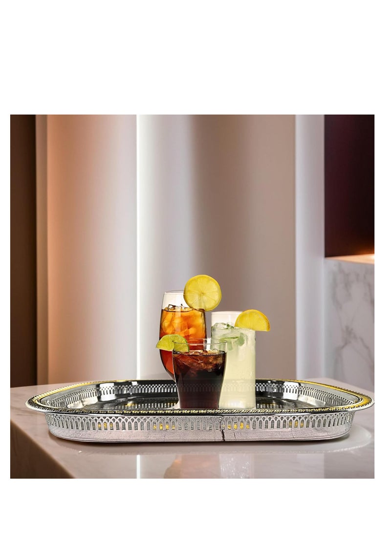 دبيلو تي- إيزي كير صينية تقديم مغربية محفورة باللونين الفضي/الذهبي - صينية مستطيلة من الفولاذ المقاوم للصدأ بلمسة نهائية عاكسة، متعددة الاستخدامات للبوفيه، وغرفة الطعام المنزلية، وغرفة المعيشة، وديكور غرفة النوم، والهدايا، 55×40 سم (طول×عرض) - Image 4