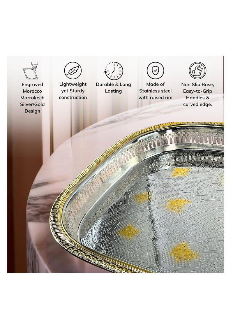 دبيلو تي- إيزي كير صينية تقديم مغربية محفورة باللونين الفضي/الذهبي - صينية مستطيلة من الفولاذ المقاوم للصدأ بلمسة نهائية عاكسة، متعددة الاستخدامات للبوفيه، وغرفة الطعام المنزلية، وغرفة المعيشة، وديكور غرفة النوم، والهدايا، 55×40 سم (طول×عرض) - Image 3