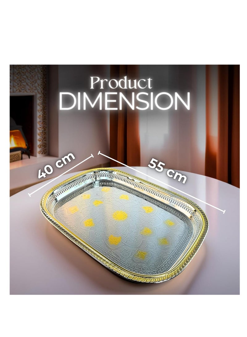دبيلو تي- إيزي كير صينية تقديم مغربية محفورة باللونين الفضي/الذهبي - صينية مستطيلة من الفولاذ المقاوم للصدأ بلمسة نهائية عاكسة، متعددة الاستخدامات للبوفيه، وغرفة الطعام المنزلية، وغرفة المعيشة، وديكور غرفة النوم، والهدايا، 55×40 سم (طول×عرض) - Image 2