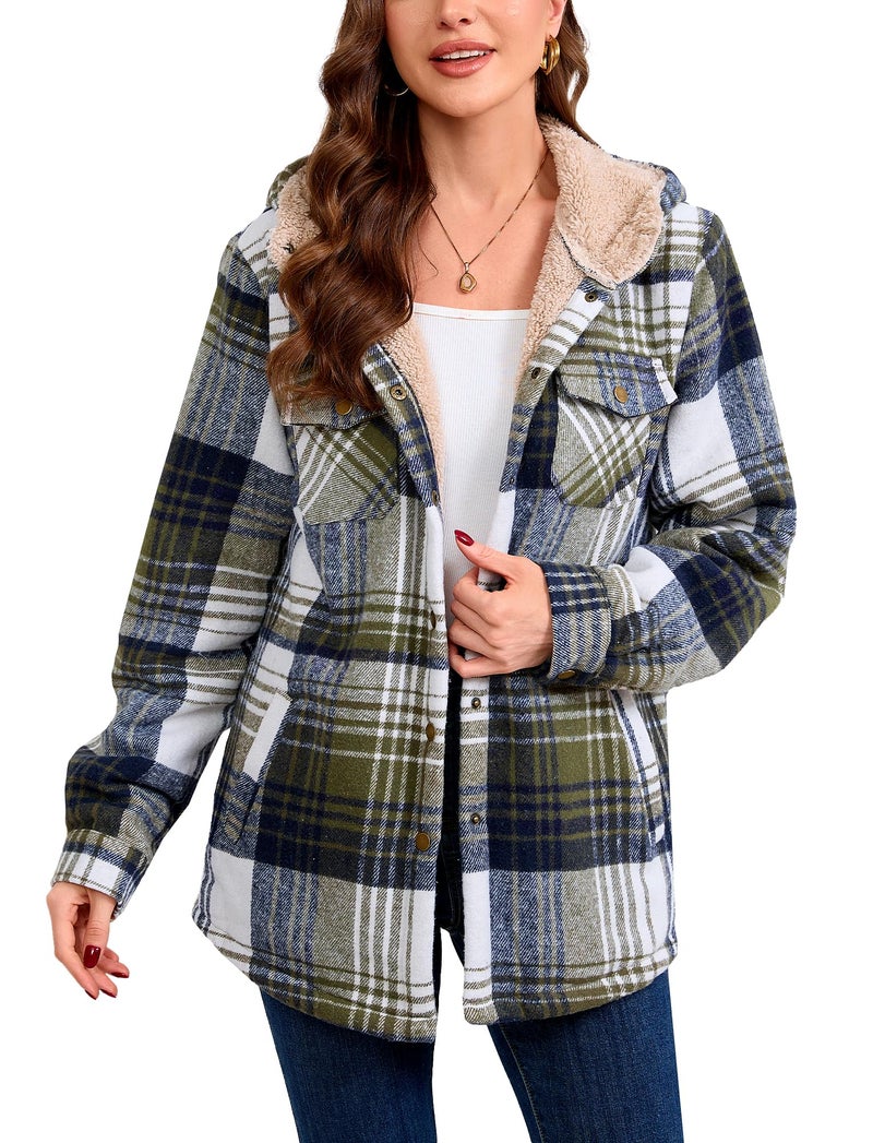 Elesuit Women's Flannel Plaid Hooded Jackets Button Down Sherpa Fleece Lined Hoodies Fashion Warm Coat Light Green X-Small - Image 1