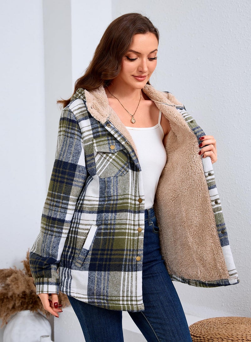 Elesuit Women's Flannel Plaid Hooded Jackets Button Down Sherpa Fleece Lined Hoodies Fashion Warm Coat Light Green X-Small - Image 2