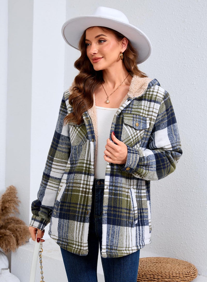 Elesuit Women's Flannel Plaid Hooded Jackets Button Down Sherpa Fleece Lined Hoodies Fashion Warm Coat Light Green X-Small - Image 5