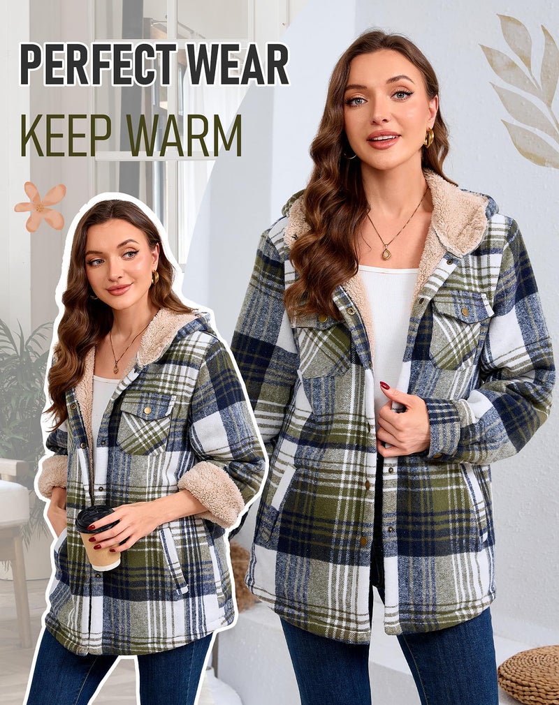 Elesuit Women's Flannel Plaid Hooded Jackets Button Down Sherpa Fleece Lined Hoodies Fashion Warm Coat Light Green X-Small - Image 4