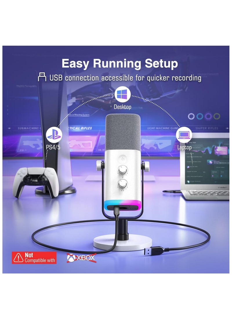 FIFINE XLR/USB Gaming Microphone for Streaming Podcasting, PC Computer RGB Mic, with Gain Knob, Mute Button, Monitoring Jack, Gamer Mic for Recording Video Creation-AmpliGame AM8 White