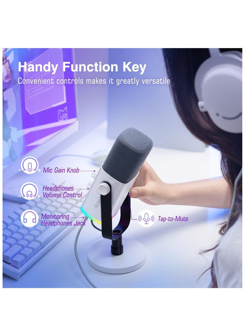 FIFINE XLR/USB Gaming Microphone for Streaming Podcasting, PC Computer RGB Mic, with Gain Knob, Mute Button, Monitoring Jack, Gamer Mic for Recording Video Creation-AmpliGame AM8 White