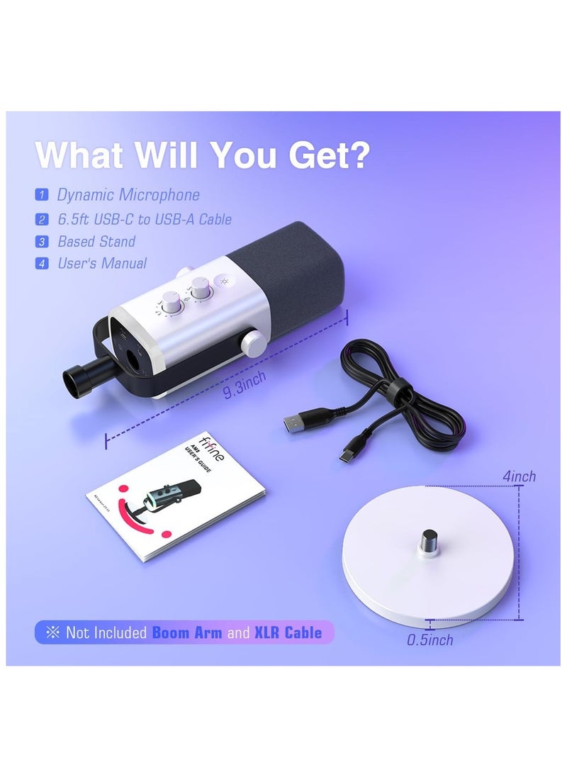 FIFINE XLR/USB Gaming Microphone for Streaming Podcasting, PC Computer RGB Mic, with Gain Knob, Mute Button, Monitoring Jack, Gamer Mic for Recording Video Creation-AmpliGame AM8 White