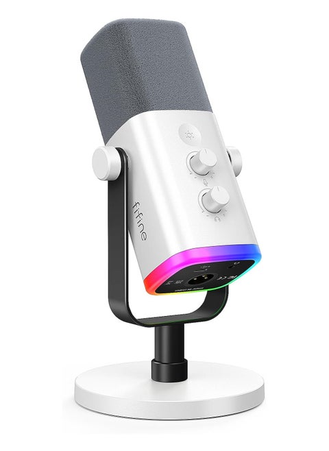 FIFINE XLR/USB Gaming Microphone for Streaming Podcasting, PC Computer RGB Mic, with Gain Knob, Mute Button, Monitoring Jack, Gamer Mic for Recording Video Creation-AmpliGame AM8 White