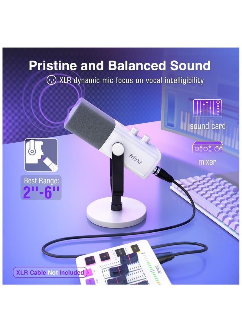 FIFINE XLR/USB Gaming Microphone for Streaming Podcasting, PC Computer RGB Mic, with Gain Knob, Mute Button, Monitoring Jack, Gamer Mic for Recording Video Creation-AmpliGame AM8 White