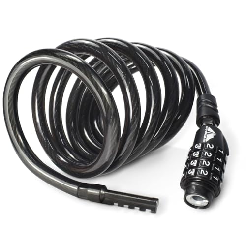 MARQUE Combination Bike Lock Cable- 3/8 inch (5FT, 10FT, 15FT, 25FT) Resettable Combination Lock, Anti-Theft Coiled Secutiry Cable for Bicycles, Kayaks, Paddle Boards, Gates and Outdoor Gear (5 FT) - Image 1