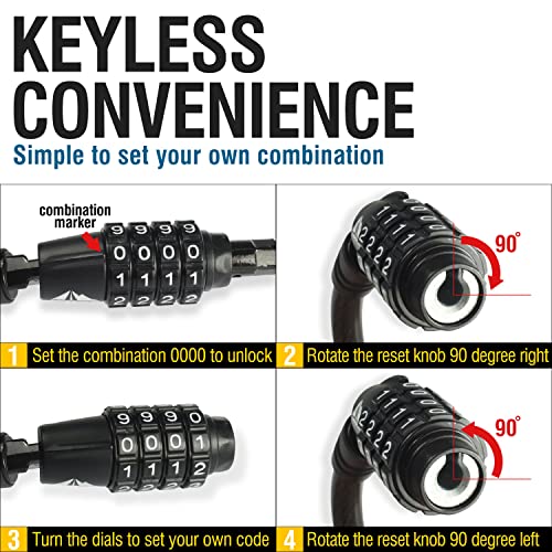 MARQUE Combination Bike Lock Cable- 3/8 inch (5FT, 10FT, 15FT, 25FT) Resettable Combination Lock, Anti-Theft Coiled Secutiry Cable for Bicycles, Kayaks, Paddle Boards, Gates and Outdoor Gear (5 FT) - Image 3