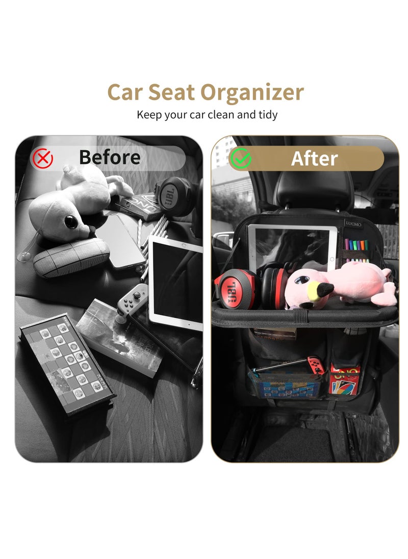 Excefore Car Backseat Organizer with Tablet Holder-2 Pack,6 Storage Pockets Car Storage Organizer with Foldable Food Tray, Car Seat Back Protectors Kick Mats Travel Accessories-Black  - Image 2