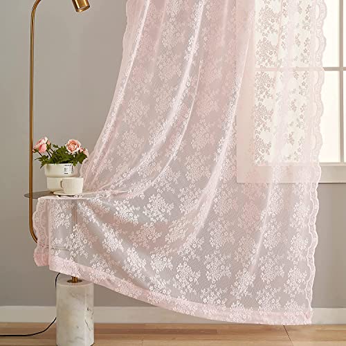 Pink Sheer Curtains 2 Panels Set 96 Inch Long Vintage Floral Patterned Elegant Chic Lace Curtain Panels for Girls Baby Window Living Room Bedroom Preppy Room Decor Light Filtering 52W x 96L