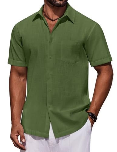COOFANDY Mens Linen Textured Shirts Short Sleeve Cotton Button Down Shirts Casual Beach Summer Surf ShirtsOlive GreenXLarge - Image 1