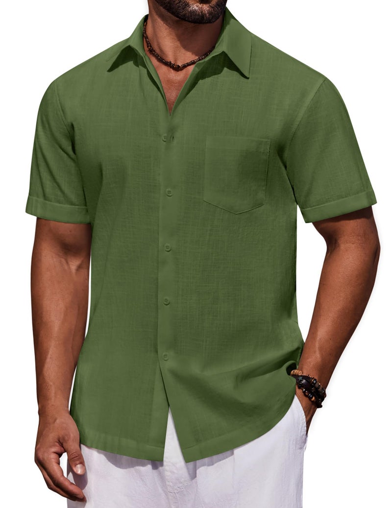 COOFANDY Mens Linen Textured Shirts Short Sleeve Cotton Button Down Shirts Casual Beach Summer Surf ShirtsOlive GreenXLarge - Image 2