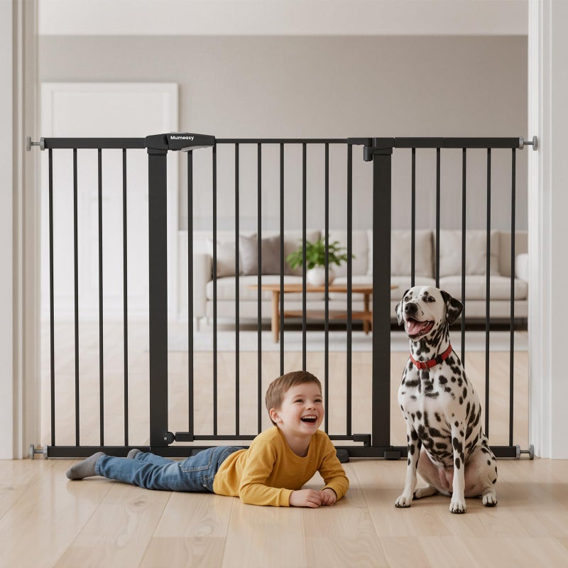 Mumeasy 29.7-57" Extra Wide Baby Gate, Auto Close Large Dog Gate for Doorways, No Drilling Pressure Mounted Pet Safety Gate for Stairs, Easy Walk Through Child Gate for Hallways, House, Indoor, Black - Image 1