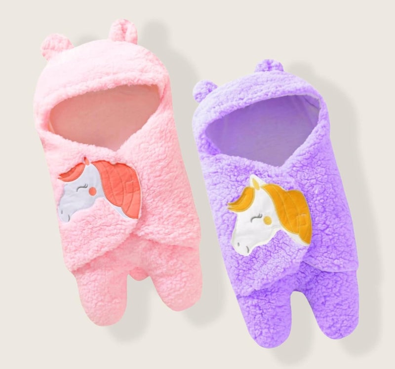 First Kick Baby Blankets Newborn Combo Pack of Super Soft Baby Wrapper Durable Fleece Polyester Cum Baby Sleeping Bag for Baby Boys, Baby Girls, Babies (76cm x 70cm, 0-6 Months) Pack of 2 Pink Purple - Image 1