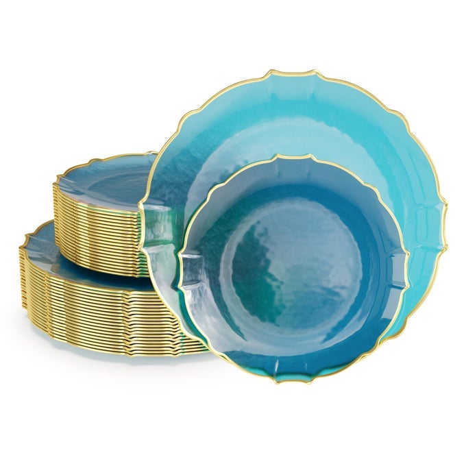 TINTED PLATES 80PIECE PLASTIC DISPOSABLE PARTY SET FOR 40 GUESTS 40 X 75 DESSERT PLATES 40 X 10 THIN DELICATE FANCY DINNERWARE WITH PEACOCK GOLD RIM